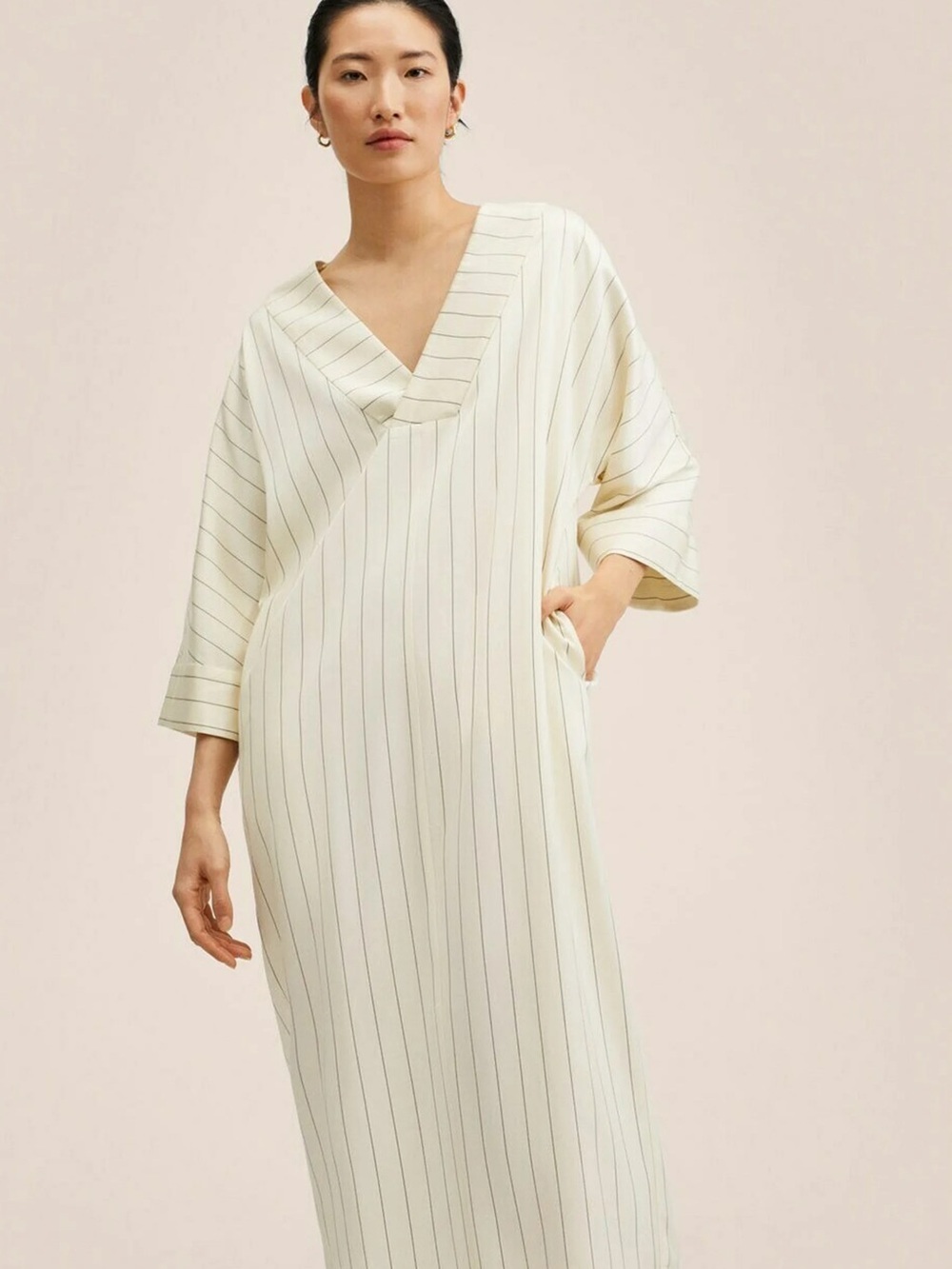 Mango Exclusive Collection Oversized Striped Kaftan Cream Pinstripe V-Neck Dress